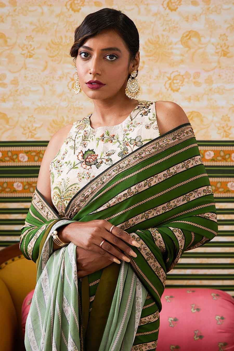Green & Beige Mehr Embroidered Pre-Draped Saree Set