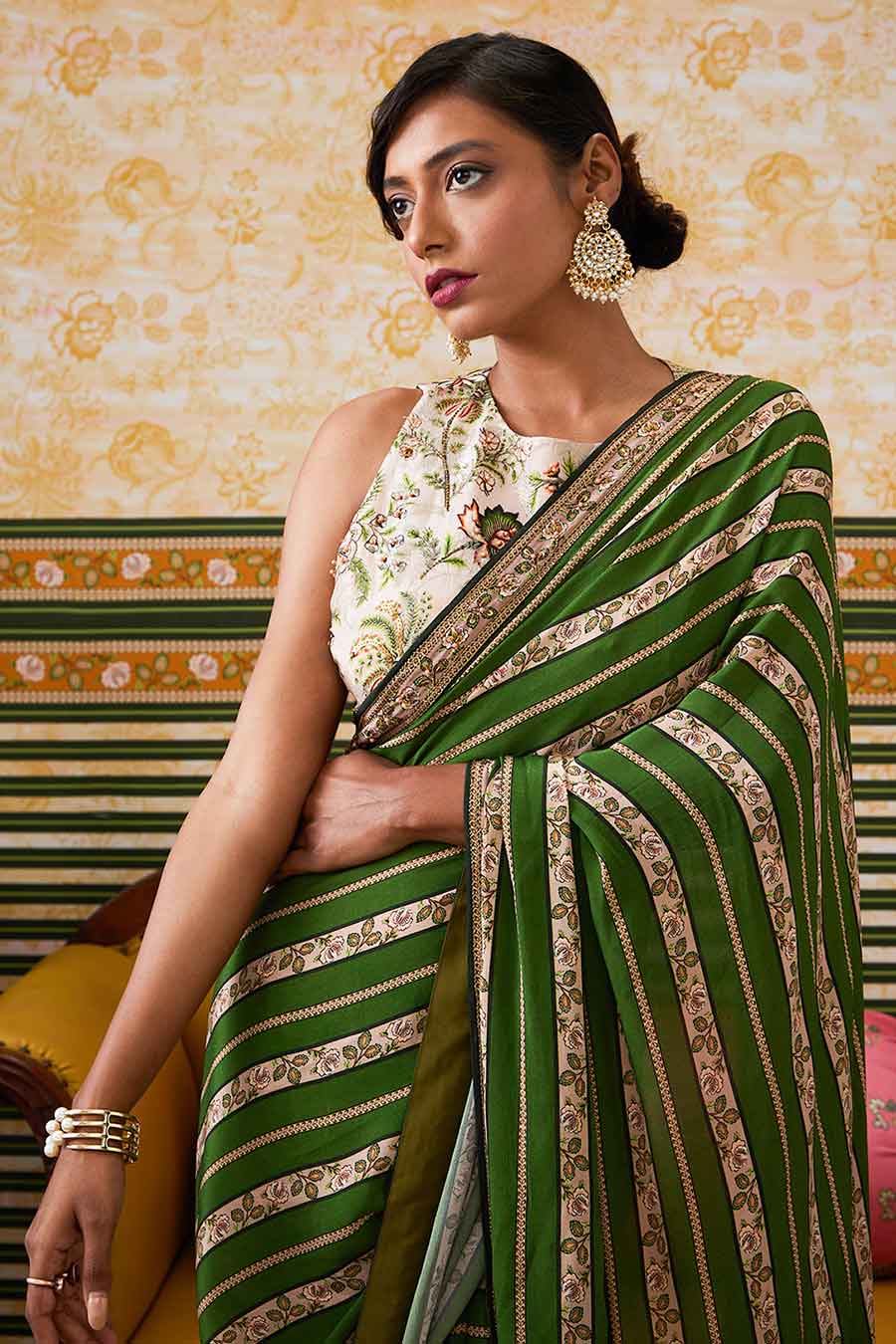 Green & Beige Mehr Embroidered Pre-Draped Saree Set