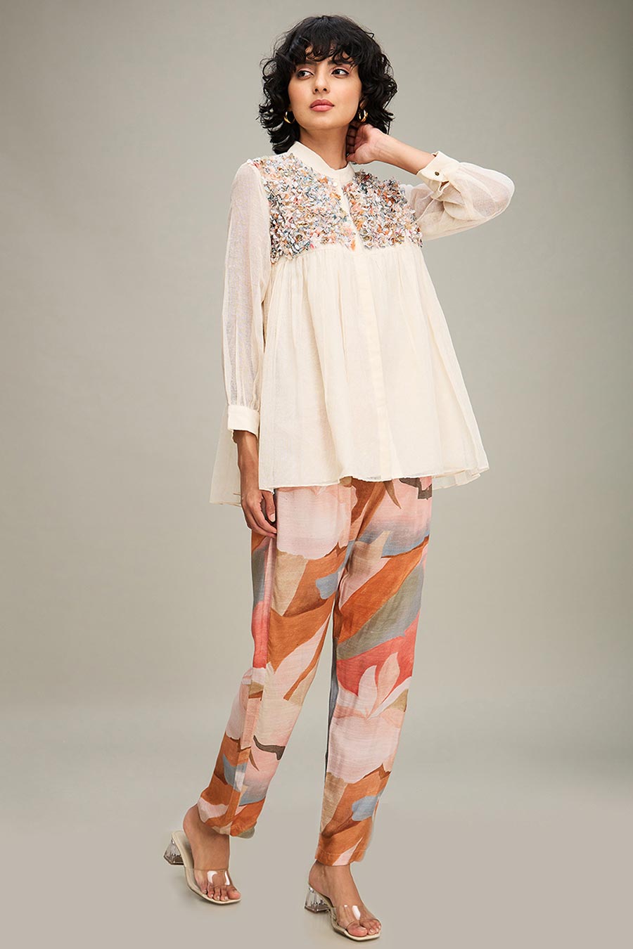 Off-White Embellished Top & Pant Co-Ord Set