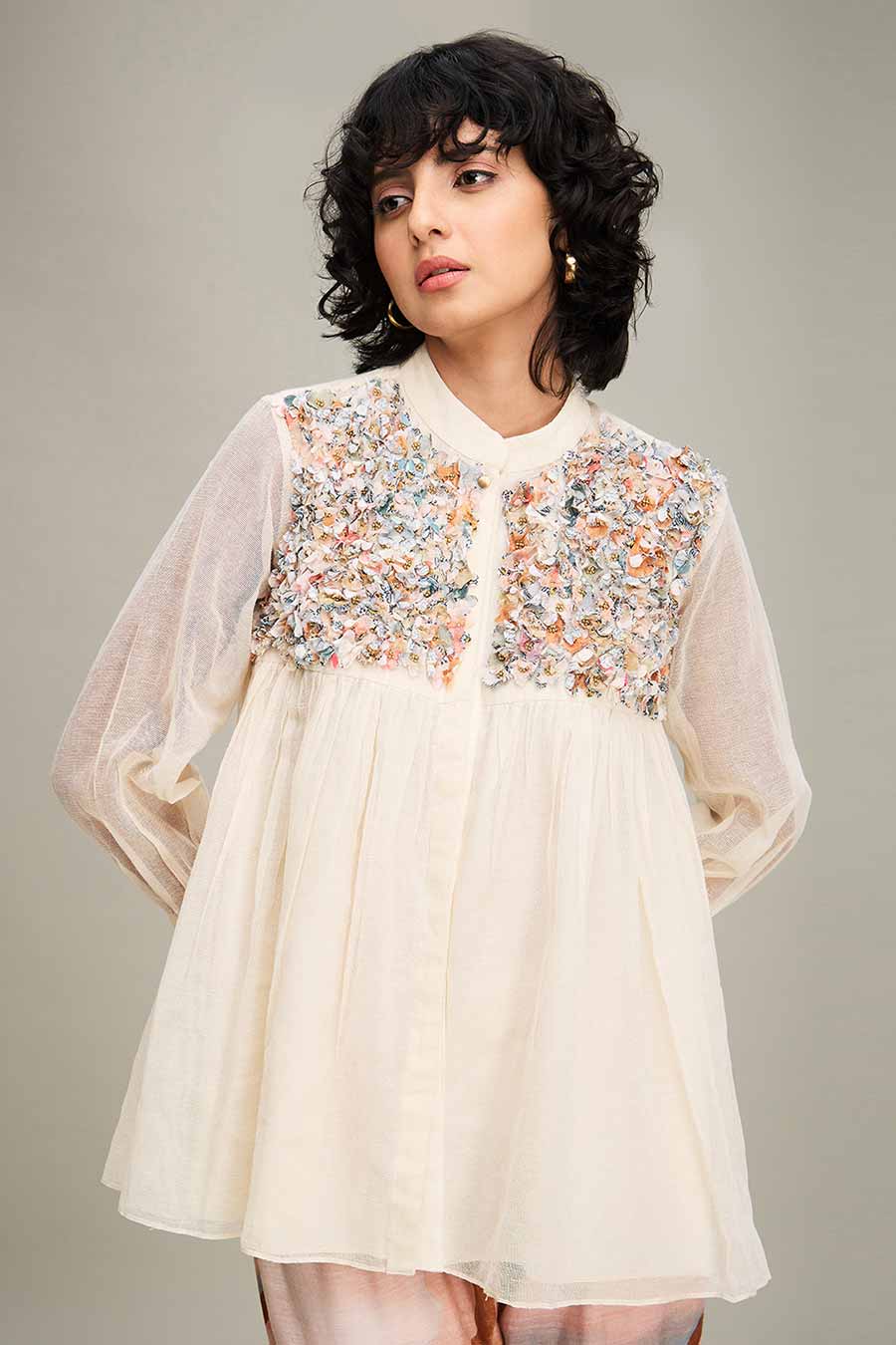 Off-White Embellished Top & Pant Co-Ord Set
