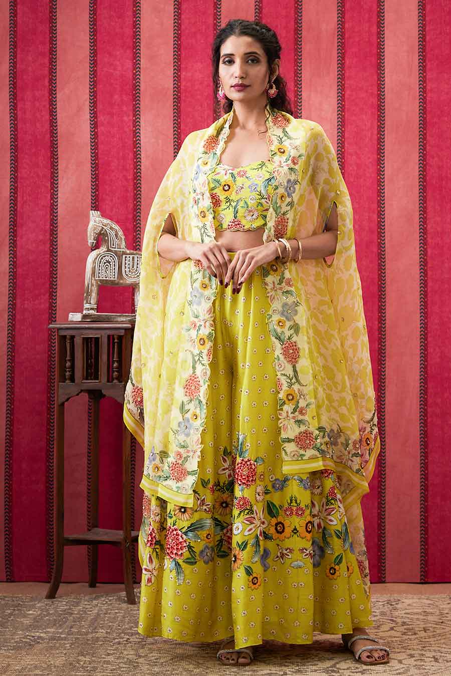 Yellow Gulista Embroidered Co-Ord Set with Cape