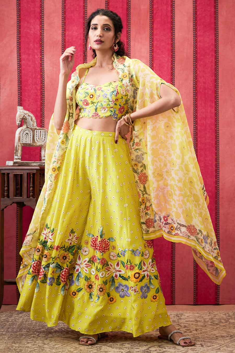 Yellow Gulista Embroidered Co-Ord Set with Cape