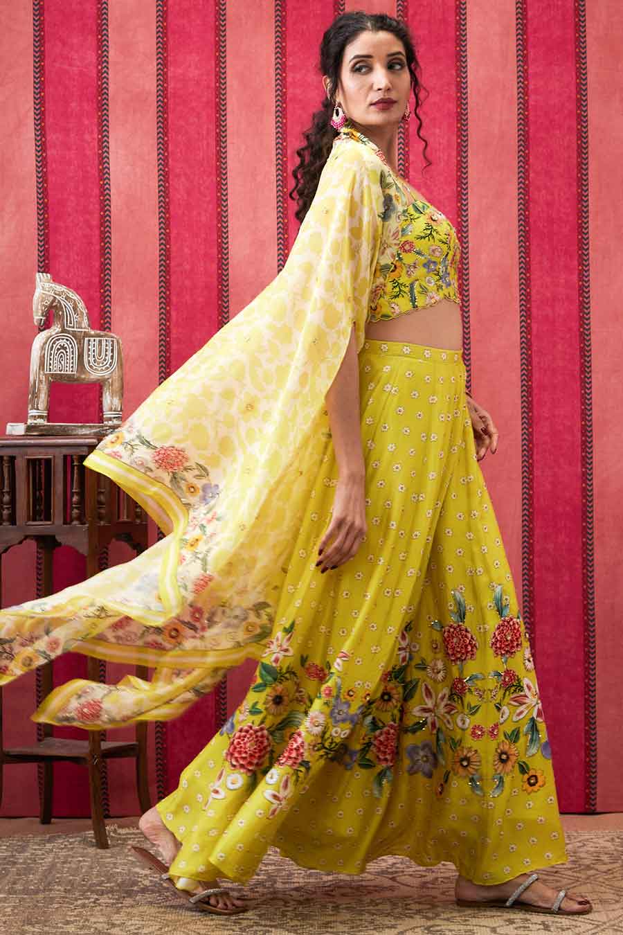 Yellow Gulista Embroidered Co-Ord Set with Cape