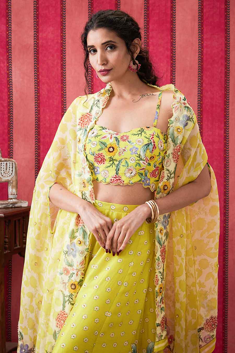 Yellow Gulista Embroidered Co-Ord Set with Cape