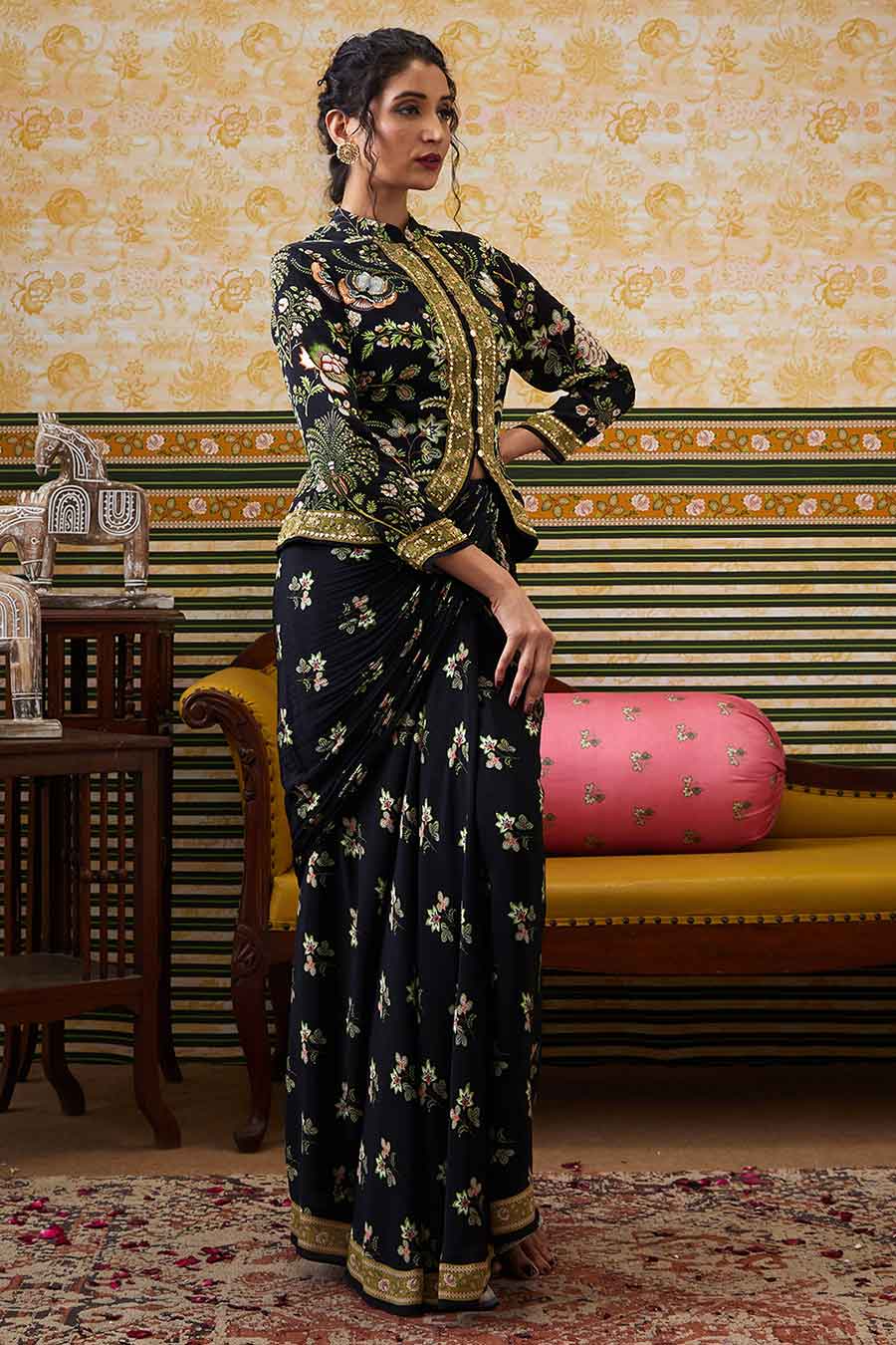 Black Mehr Embroidered Jacket & Skirt Set