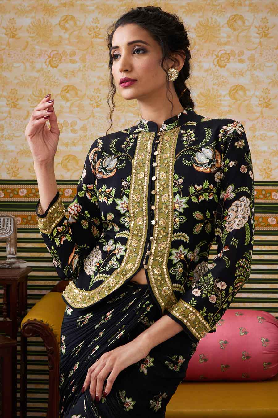 Black Mehr Embroidered Jacket & Skirt Set
