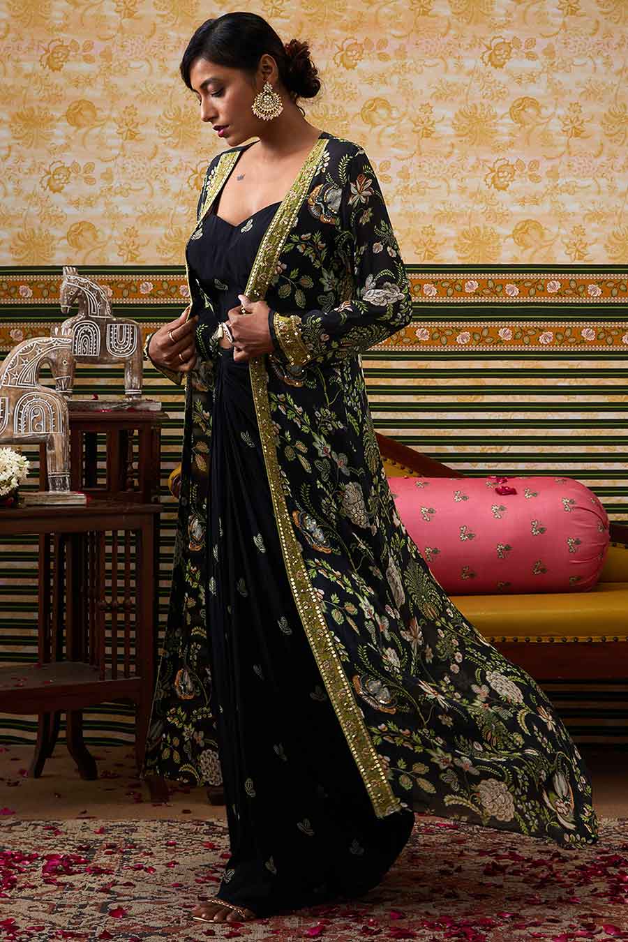 Black Mehr Bustier & Skirt with Printed Jacket Set