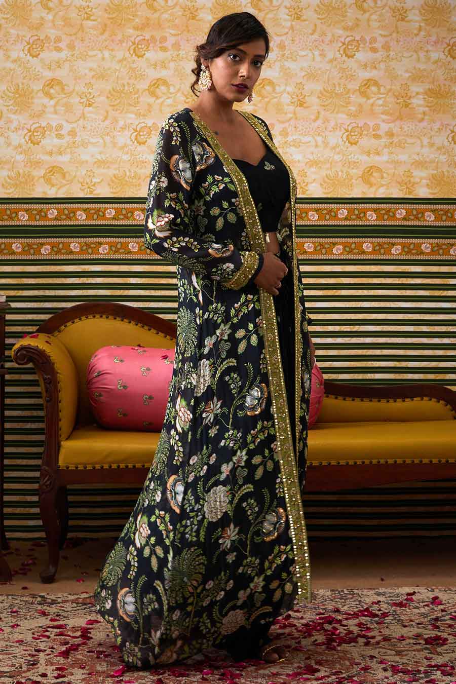 Black Mehr Bustier & Skirt with Printed Jacket Set
