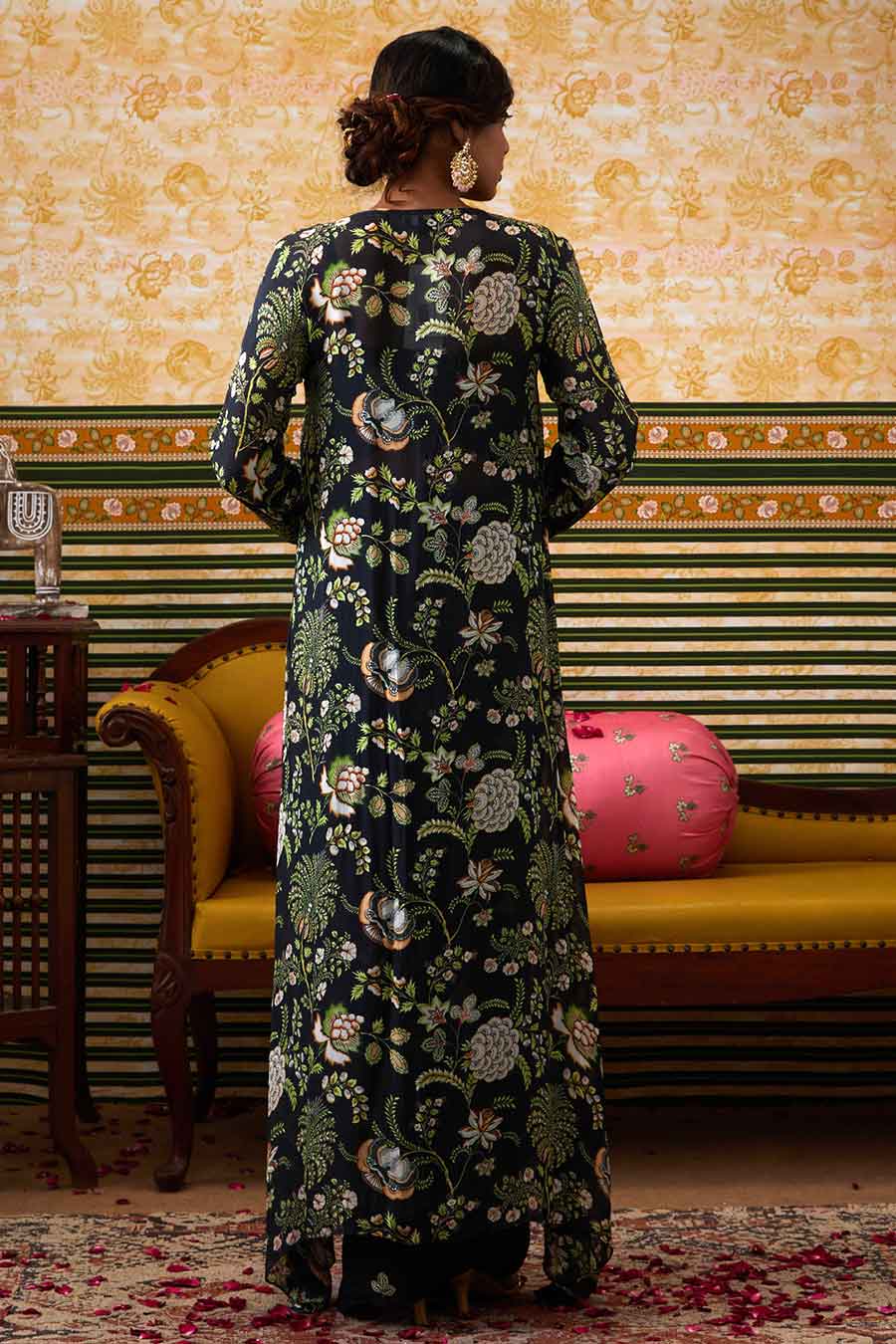 Black Mehr Bustier & Skirt with Printed Jacket Set