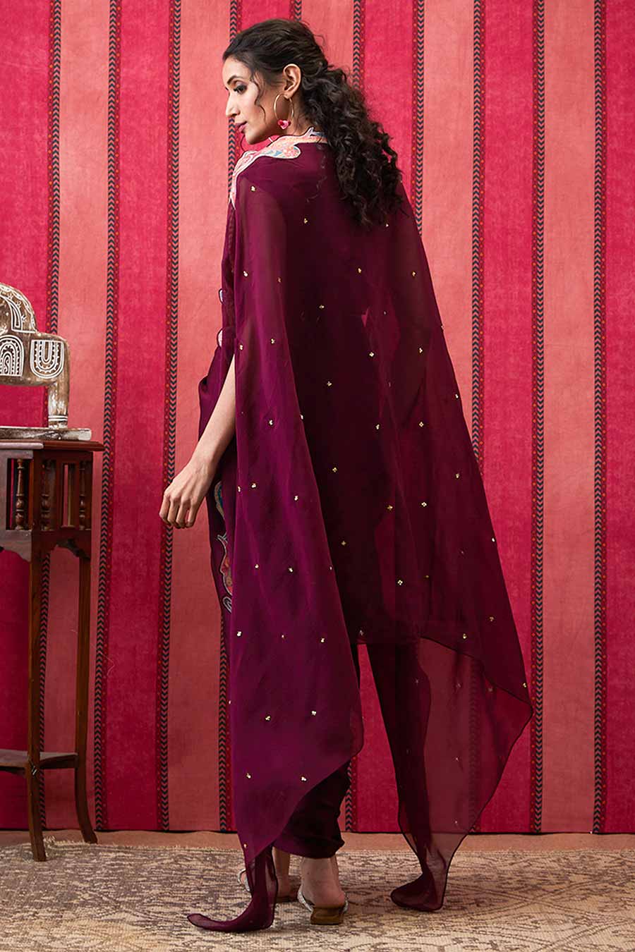 Wine Qala Drape Dress with Printed Applique Cape Set