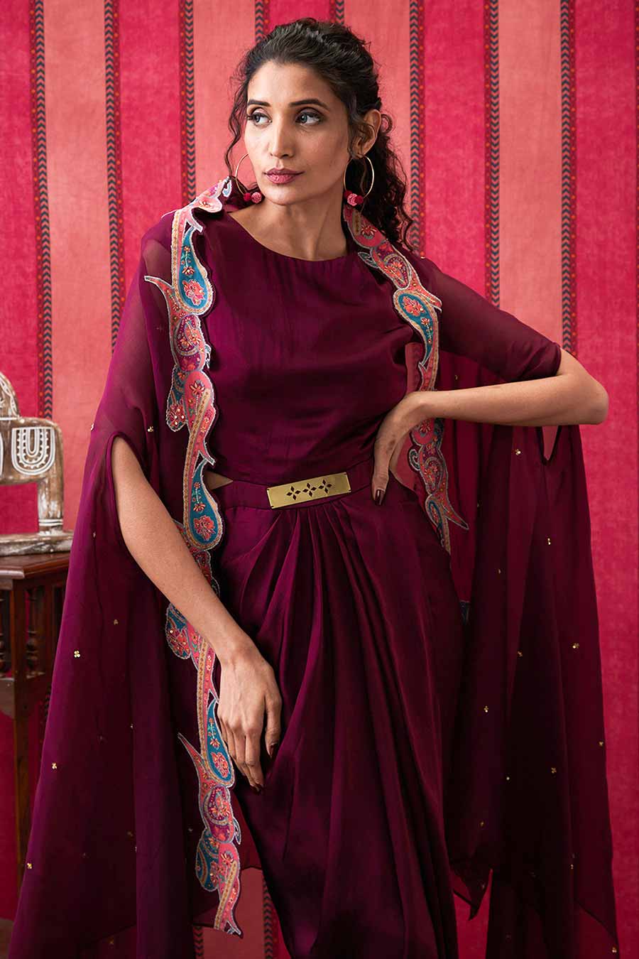 Wine Qala Drape Dress with Printed Applique Cape Set