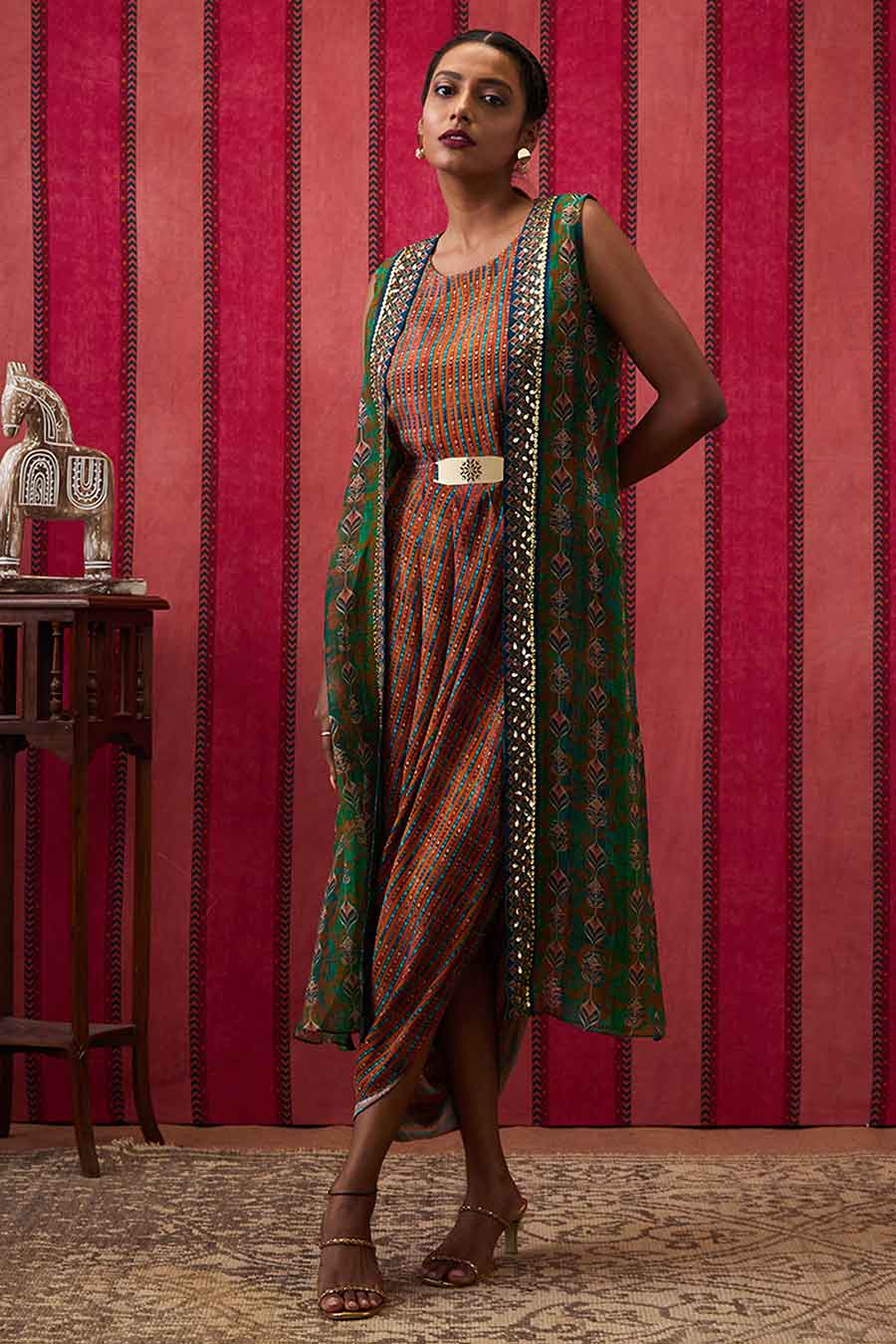 Multicolour Adah Printed Dress with Embroidered Jacket