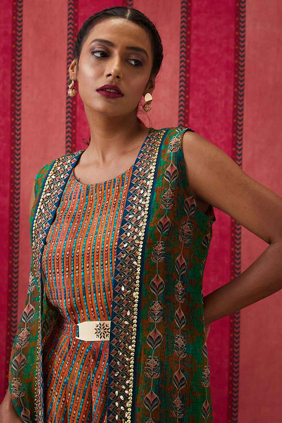 Multicolour Adah Printed Dress with Embroidered Jacket