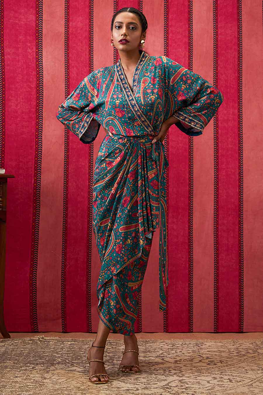 Teal Green Qala Embroidered Tie-Up Dress