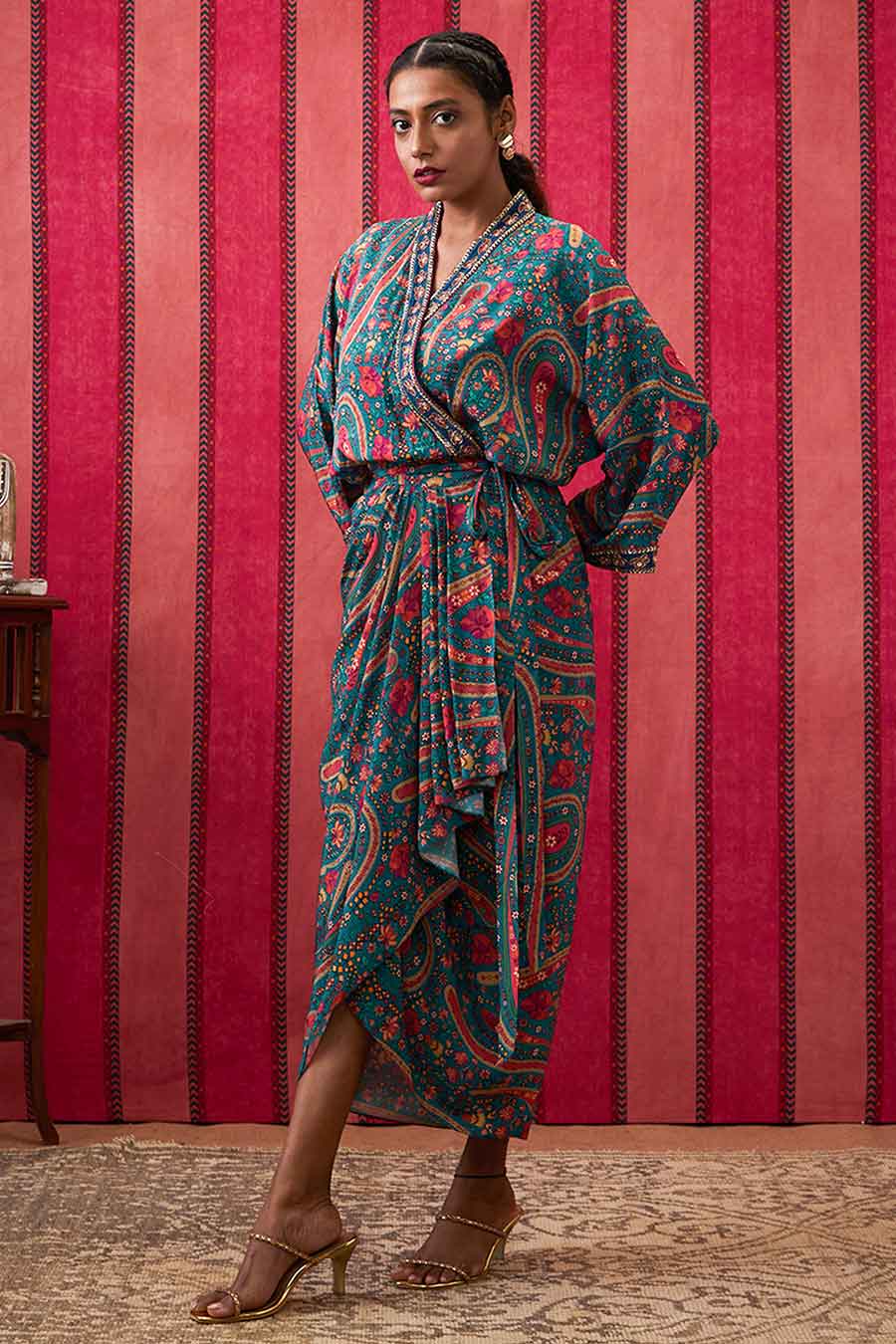 Teal Green Qala Embroidered Tie-Up Dress