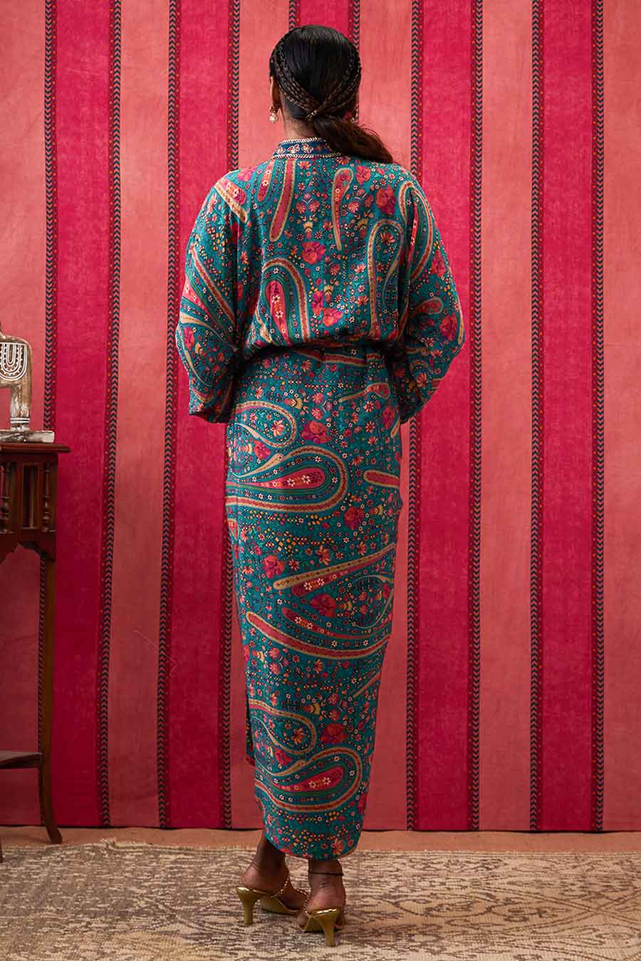 Teal Green Qala Embroidered Tie-Up Dress
