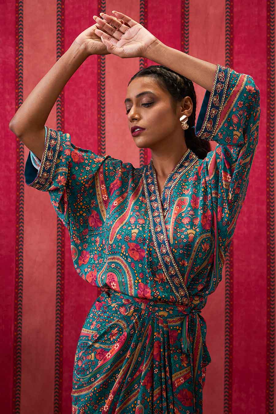 Teal Green Qala Embroidered Tie-Up Dress