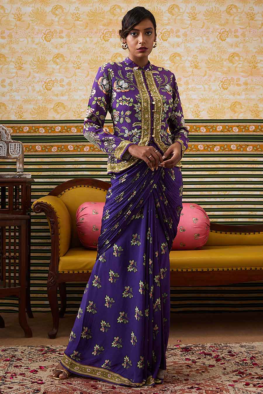 Purple Mehr Embroidered Jacket with Skirt Set