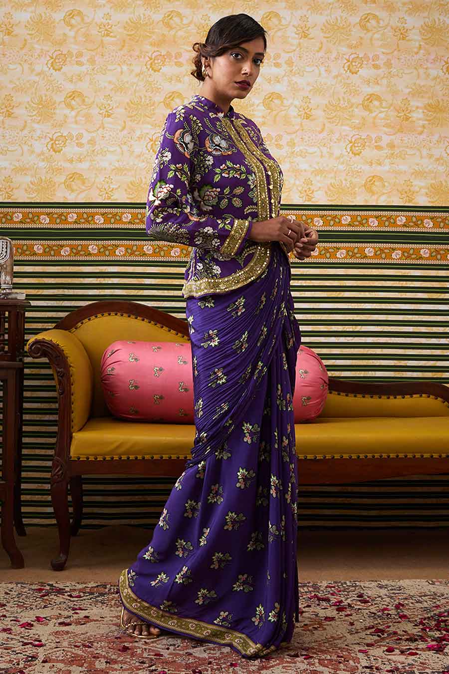 Purple Mehr Embroidered Jacket with Skirt Set