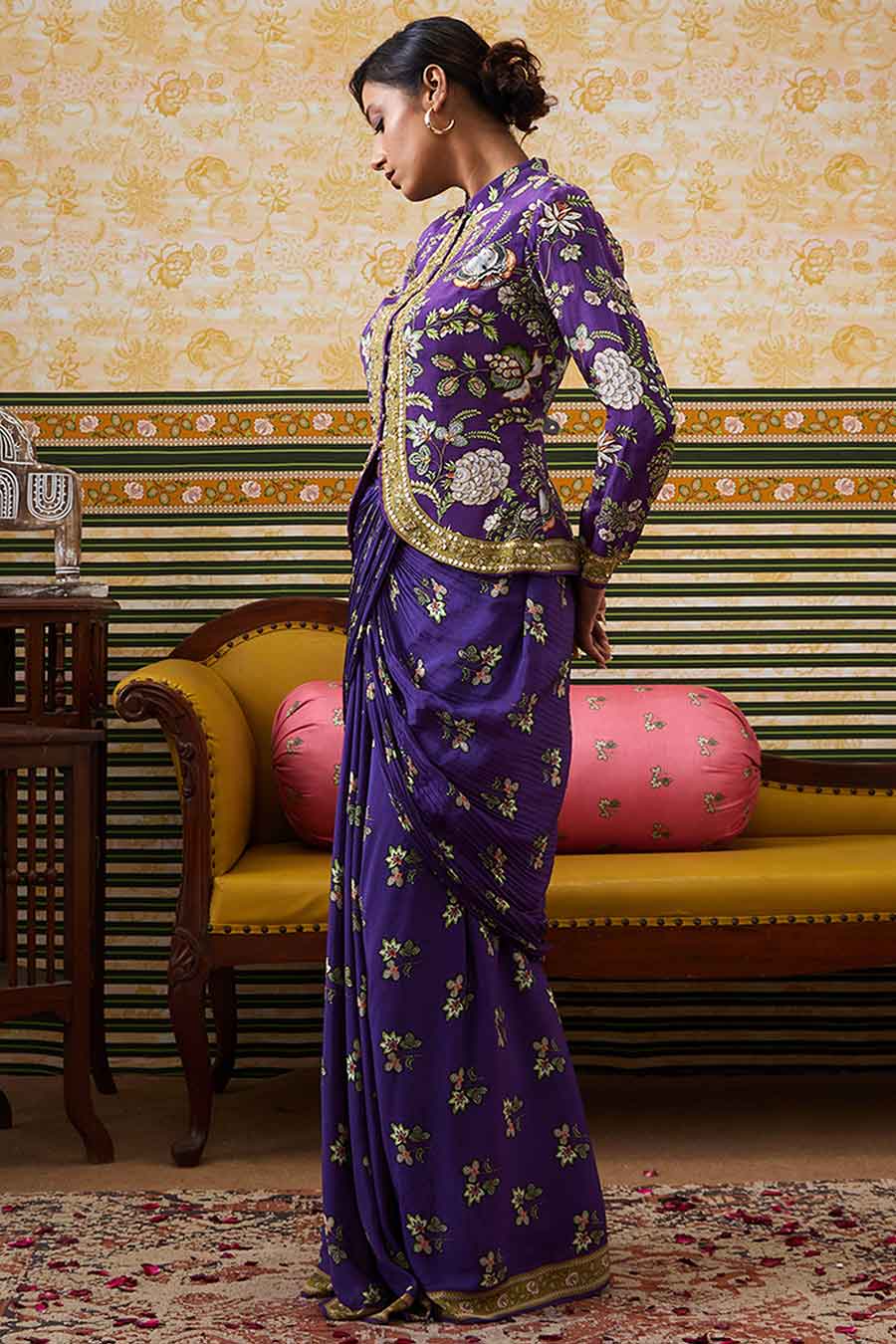 Purple Mehr Embroidered Jacket with Skirt Set