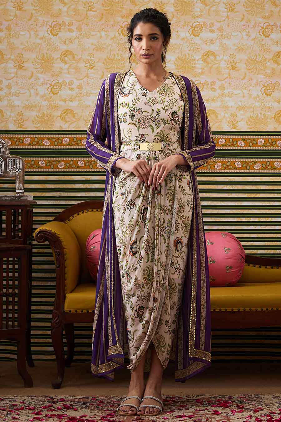 Beige & Purple Mehr Printed Dress with Jacket Set