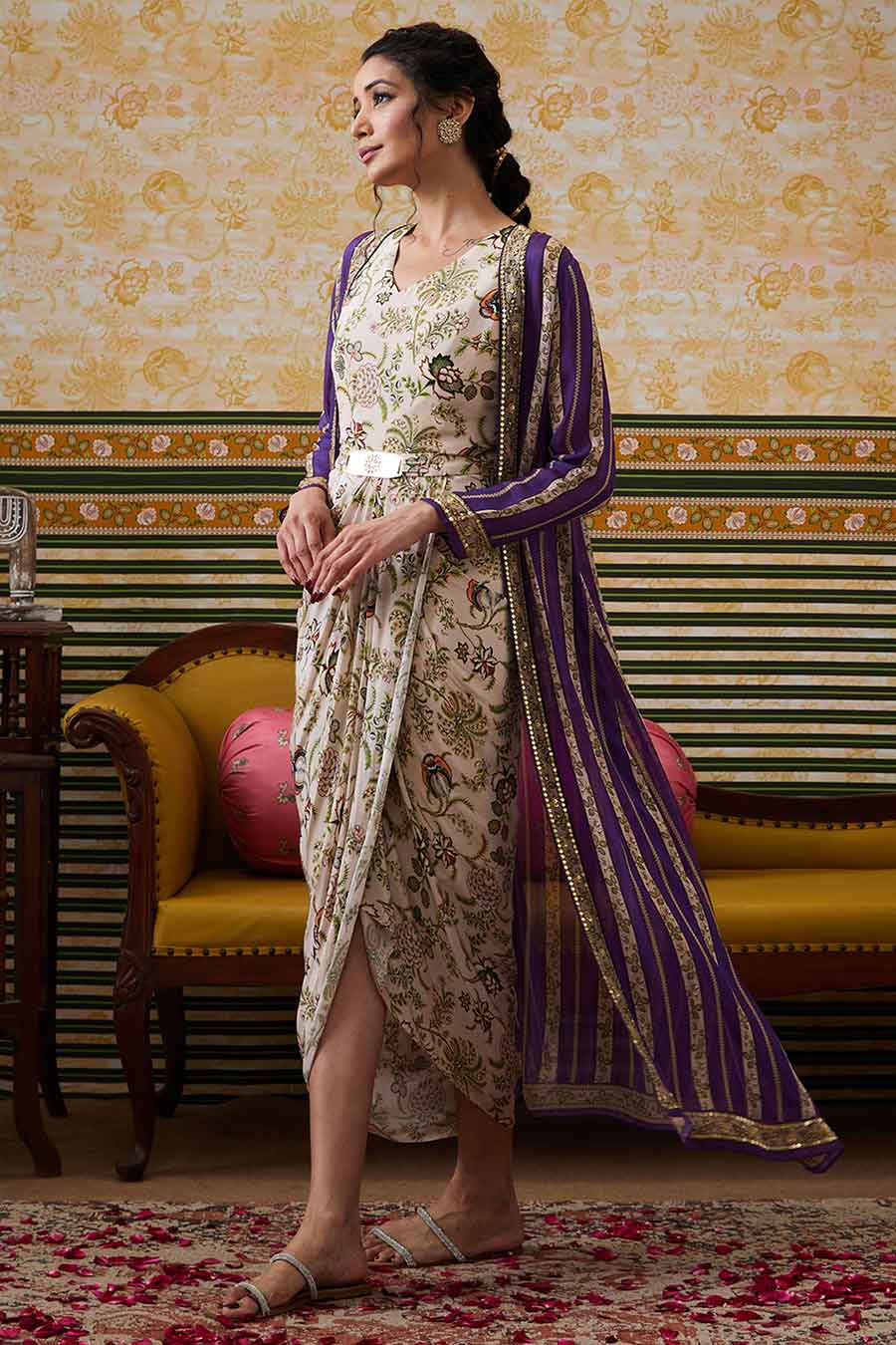 Beige & Purple Mehr Printed Dress with Jacket Set