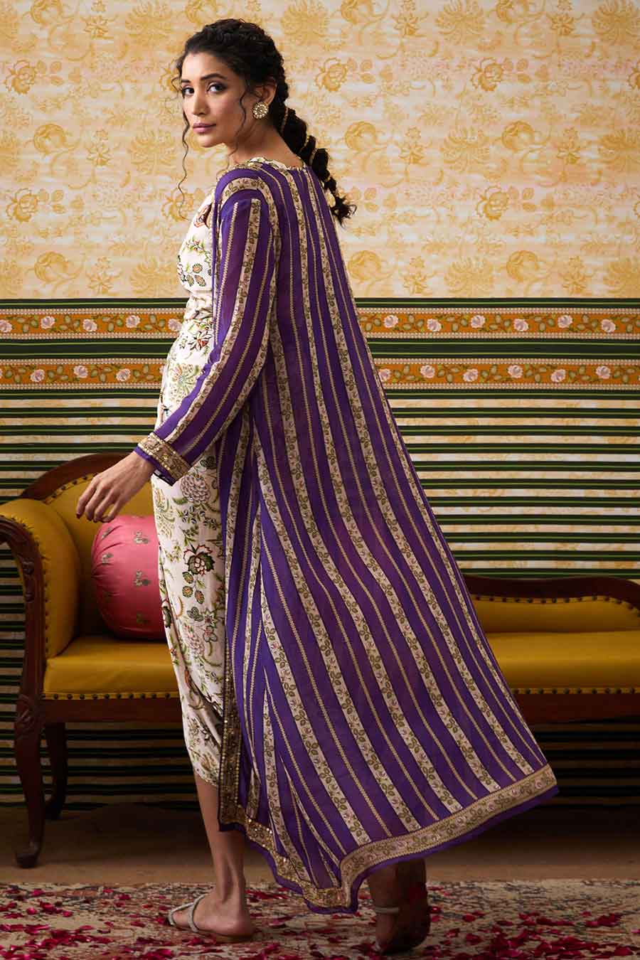 Beige & Purple Mehr Printed Dress with Jacket Set