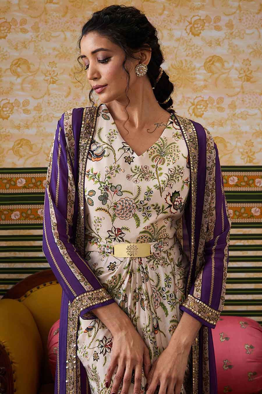 Beige & Purple Mehr Printed Dress with Jacket Set