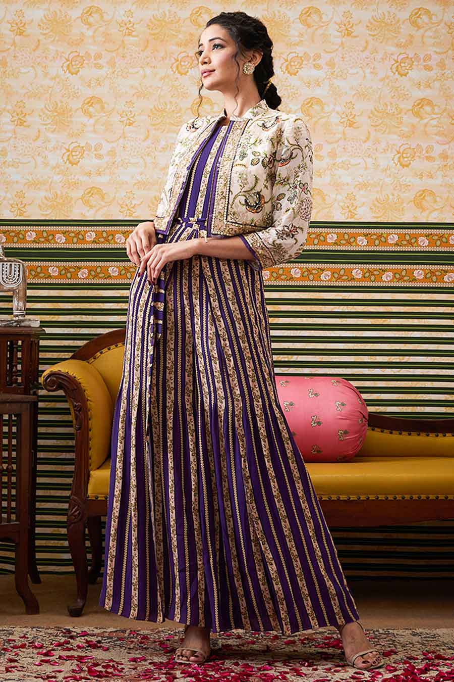Purple & Beige Mehr Printed Jumpsuit with Jacket Set