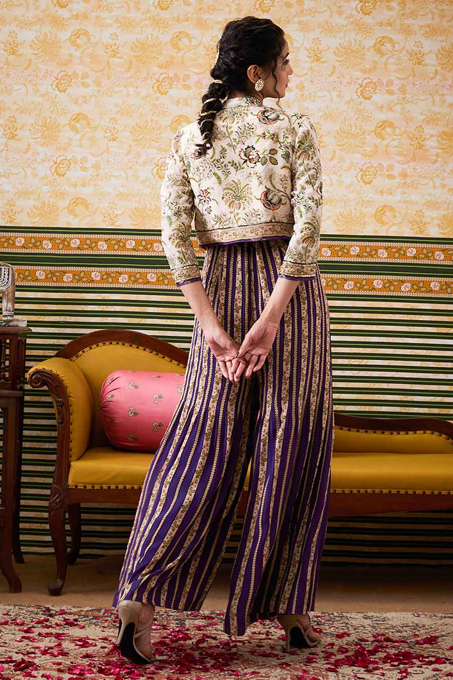 Purple & Beige Mehr Printed Jumpsuit with Jacket Set