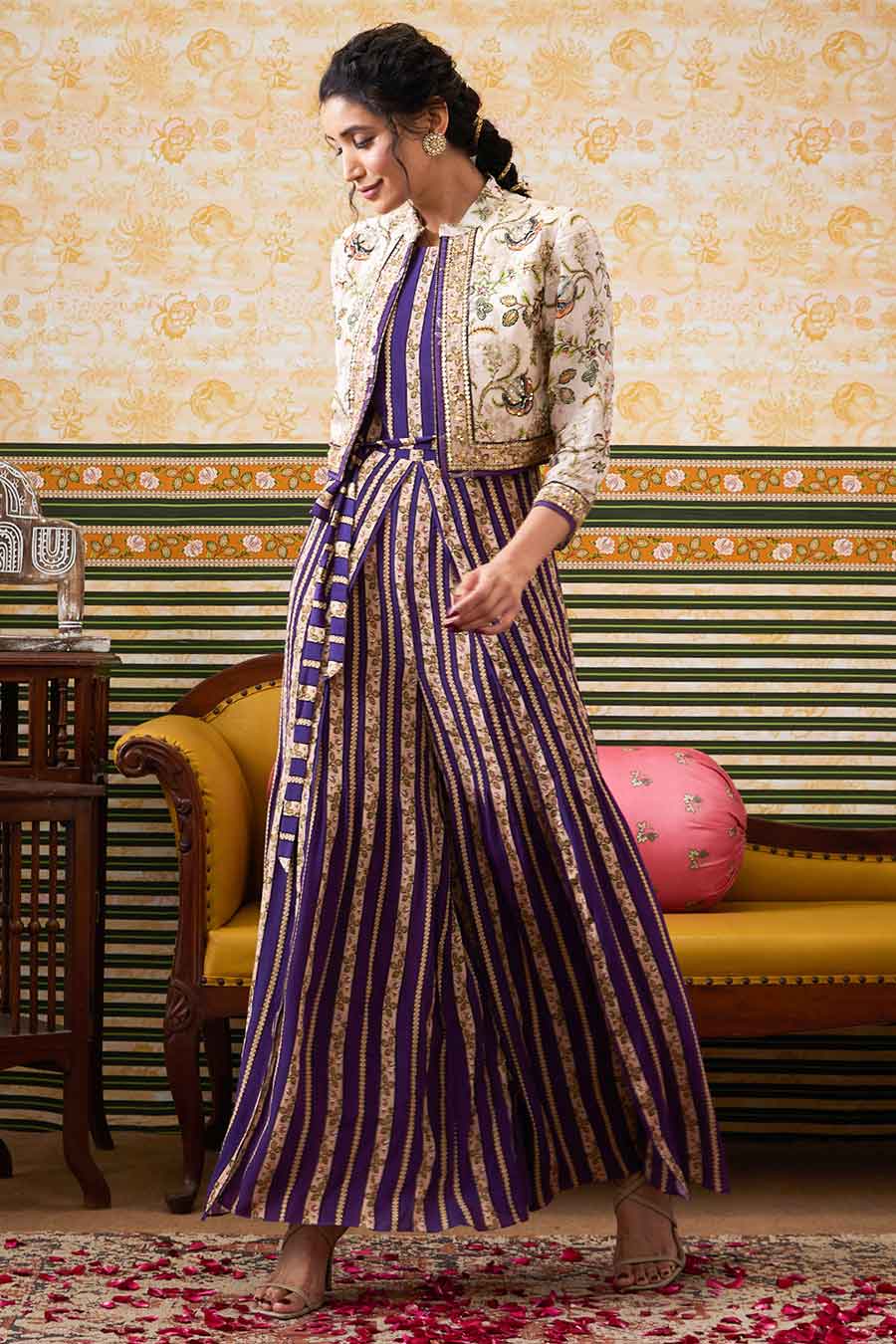 Purple & Beige Mehr Printed Jumpsuit with Jacket Set