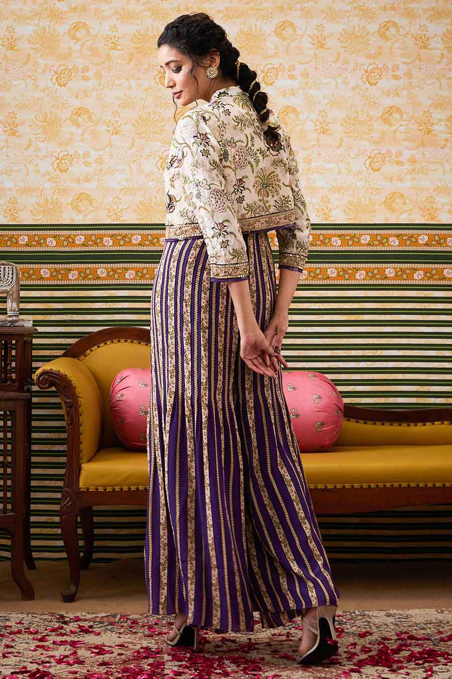 Purple & Beige Mehr Printed Jumpsuit with Jacket Set