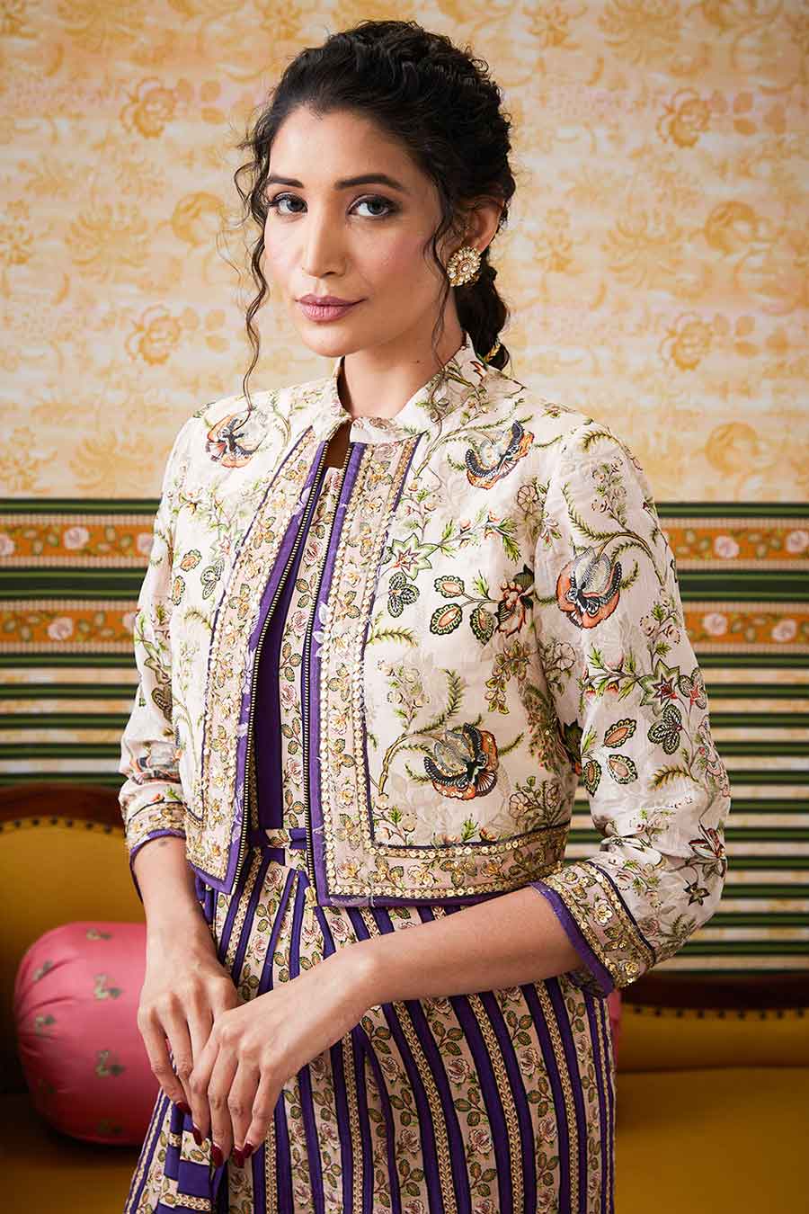 Purple & Beige Mehr Printed Jumpsuit with Jacket Set