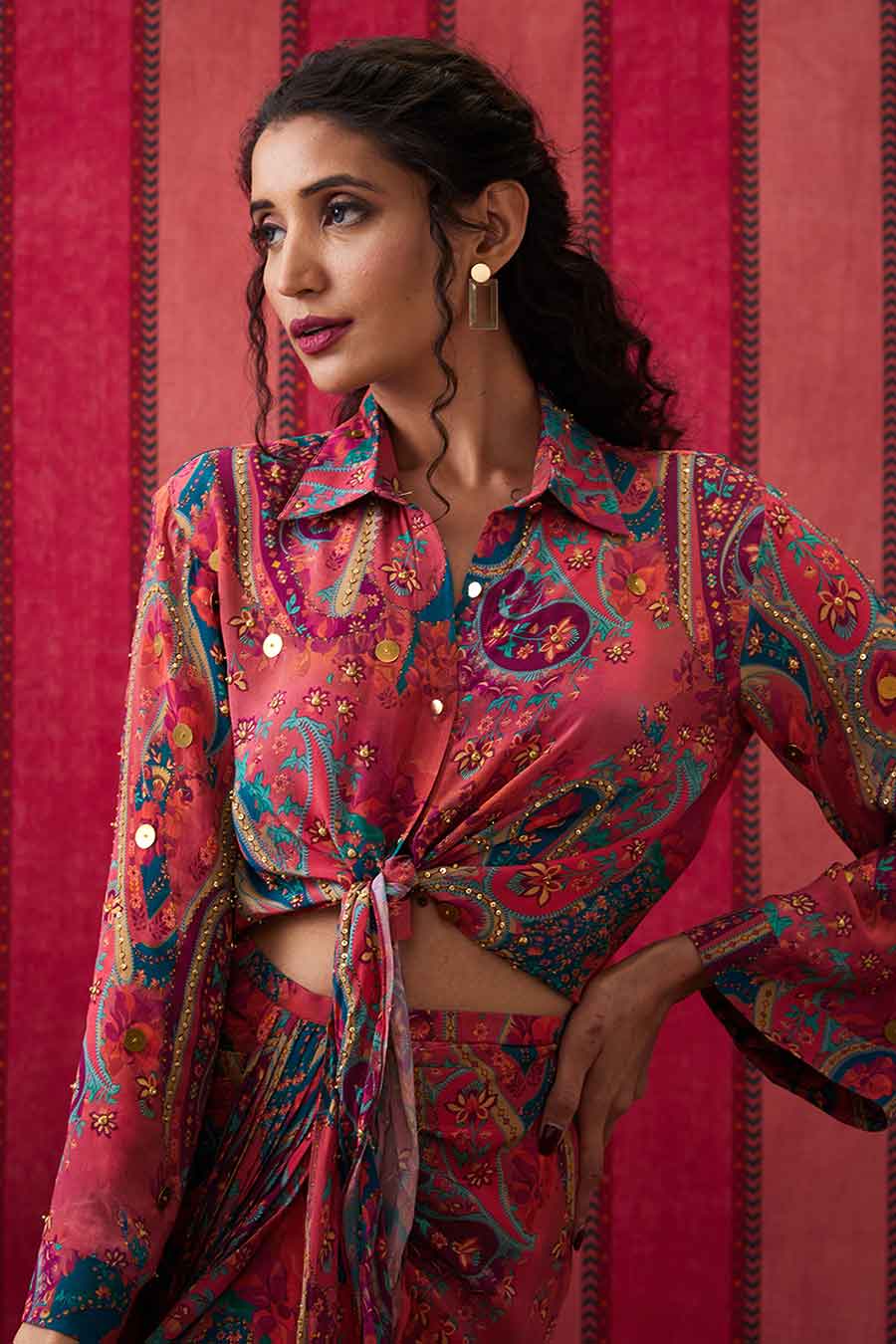Multicolour Qala Embellished Shirt with Skirt Set
