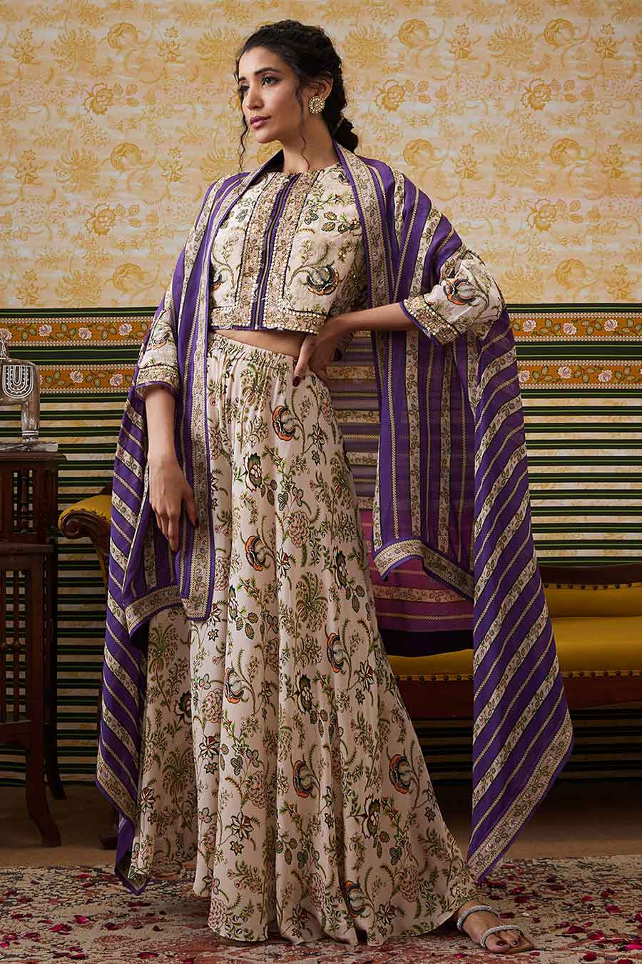 Purple & Beige Mehr Printed Co-Ord Set with Cape