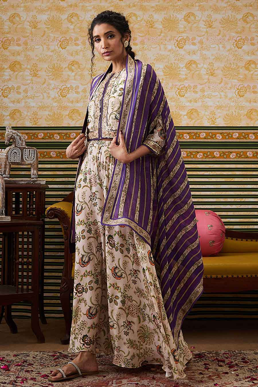Purple & Beige Mehr Printed Co-Ord Set with Cape