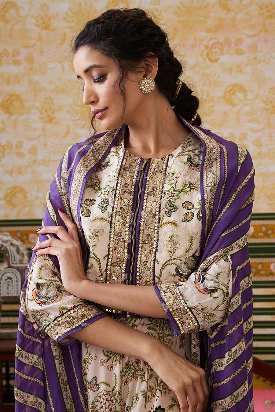 Purple & Beige Mehr Printed Co-Ord Set with Cape