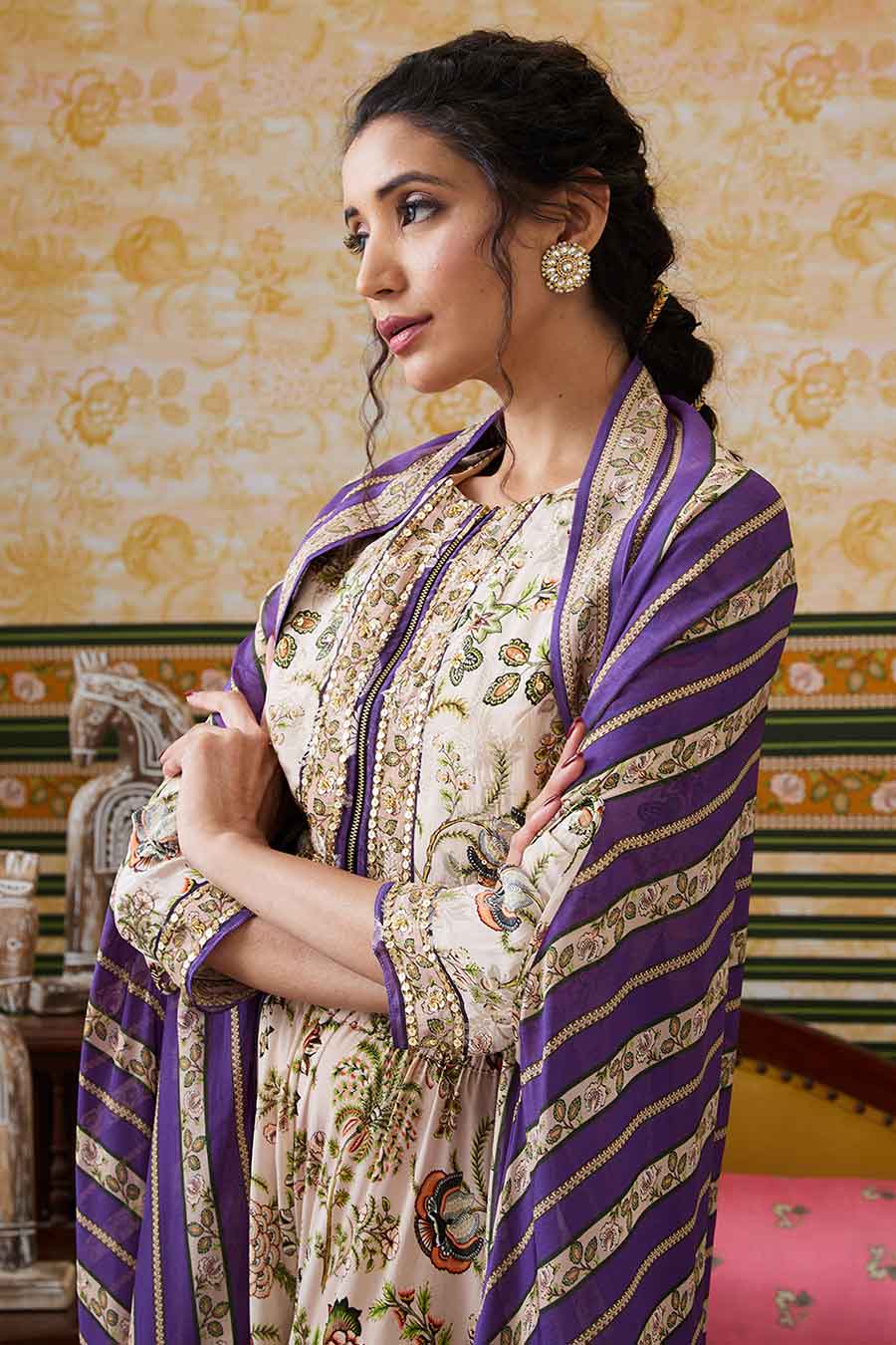 Purple & Beige Mehr Printed Co-Ord Set with Cape