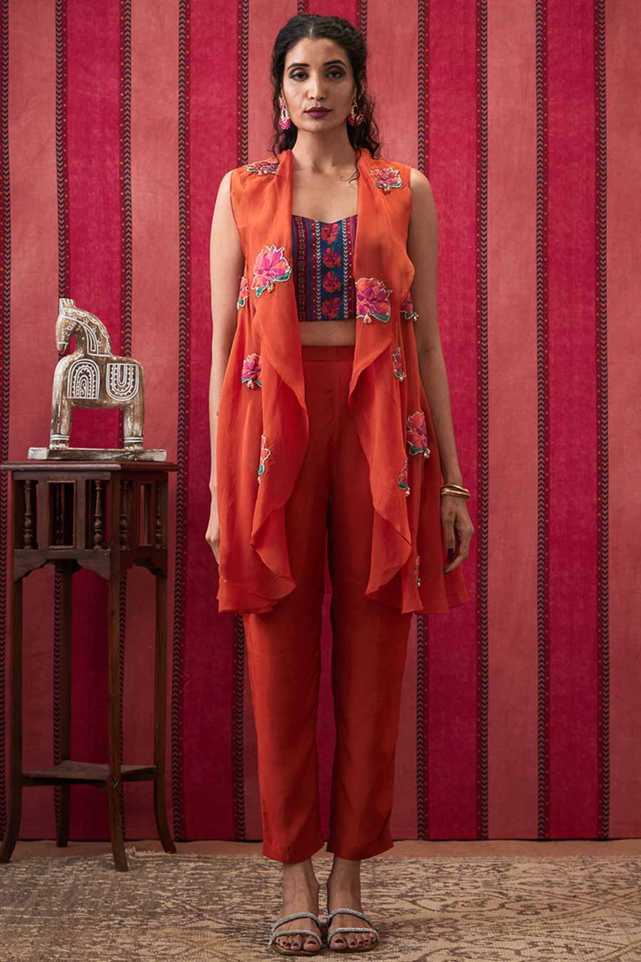 Red Adah Printed Co-Ord Set with Applique Jacket