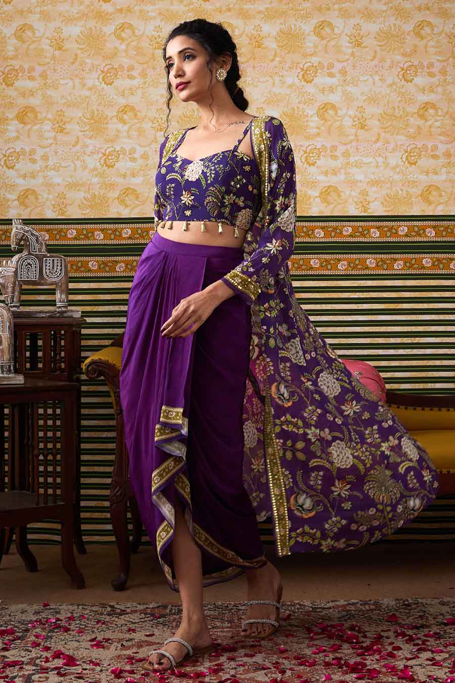 Purple Mehr Printed Bustier & Skirt with Jacket Set