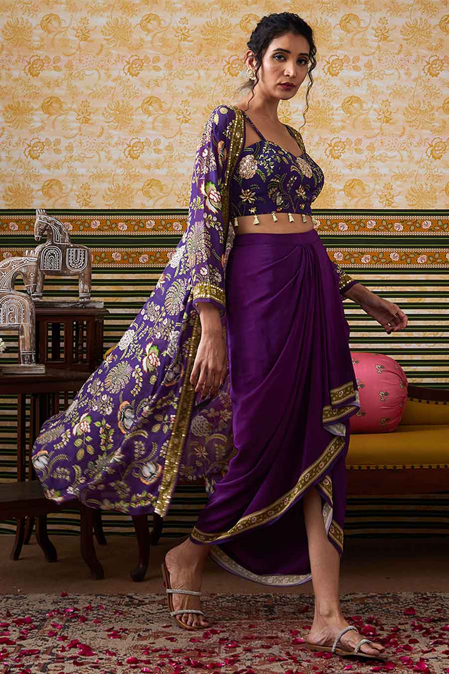 Purple Mehr Printed Bustier & Skirt with Jacket Set