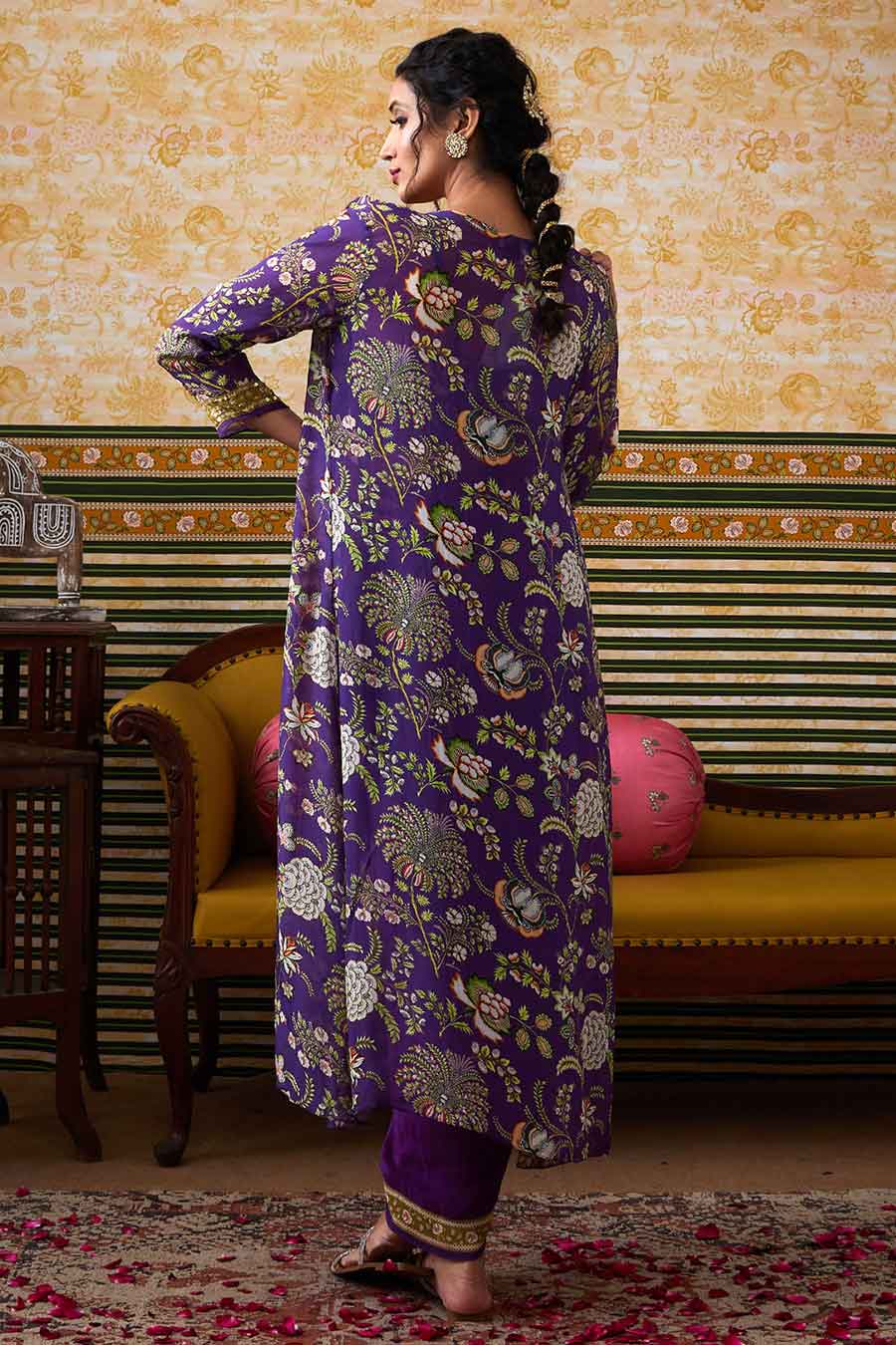 Purple Mehr Printed Bustier & Skirt with Jacket Set