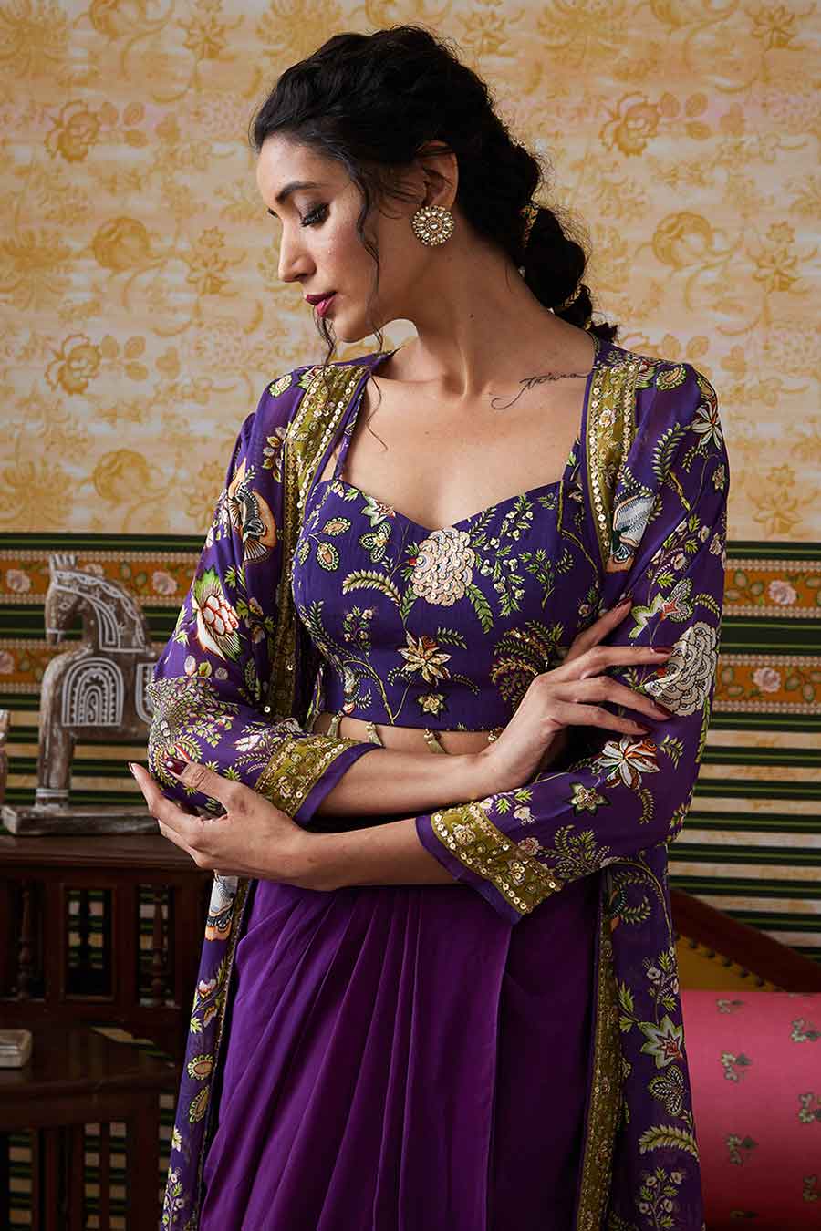 Purple Mehr Printed Bustier & Skirt with Jacket Set