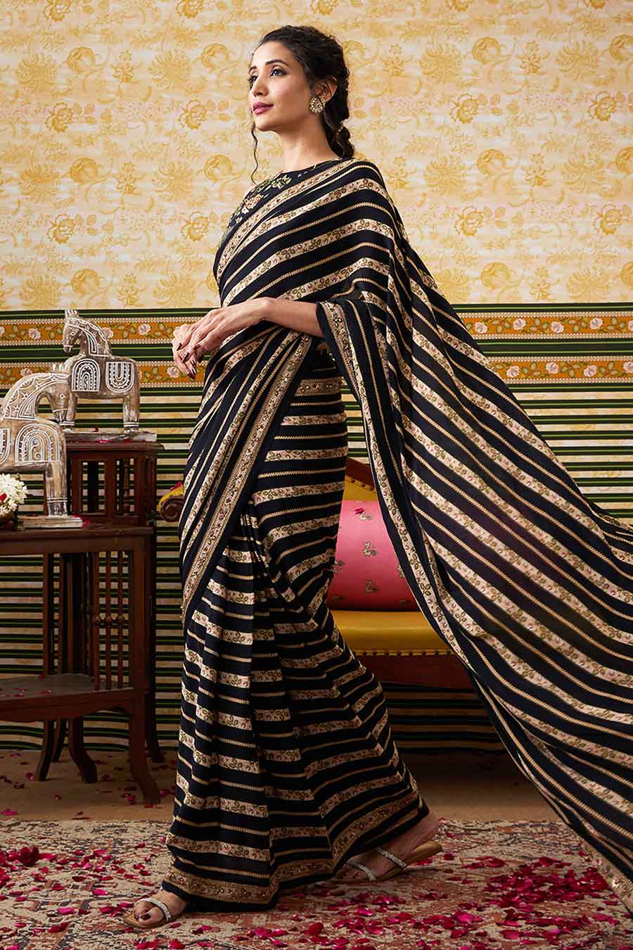 Black Mehr Embroidered Pre-Draped Saree Set