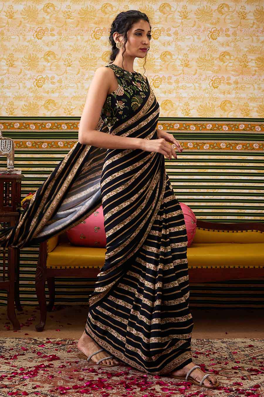 Black Mehr Embroidered Pre-Draped Saree Set
