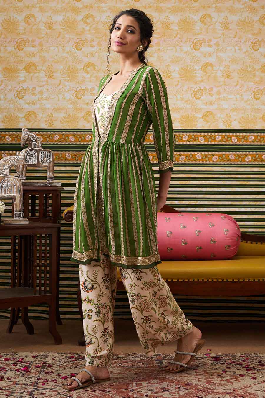 Green & Beige Mehr Printed Jumpsuit with Jacket Set