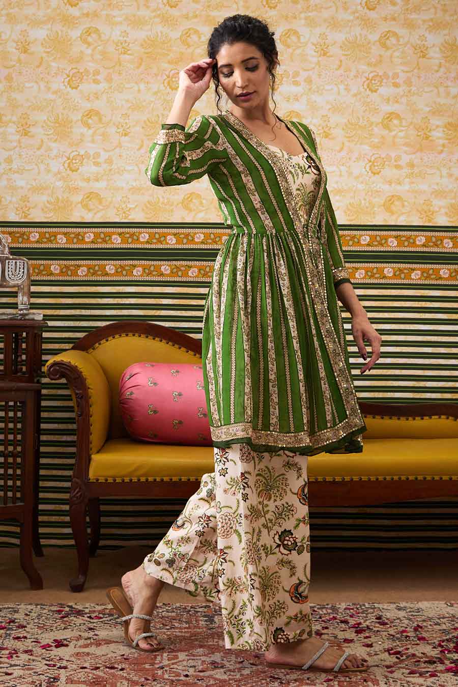 Green & Beige Mehr Printed Jumpsuit with Jacket Set