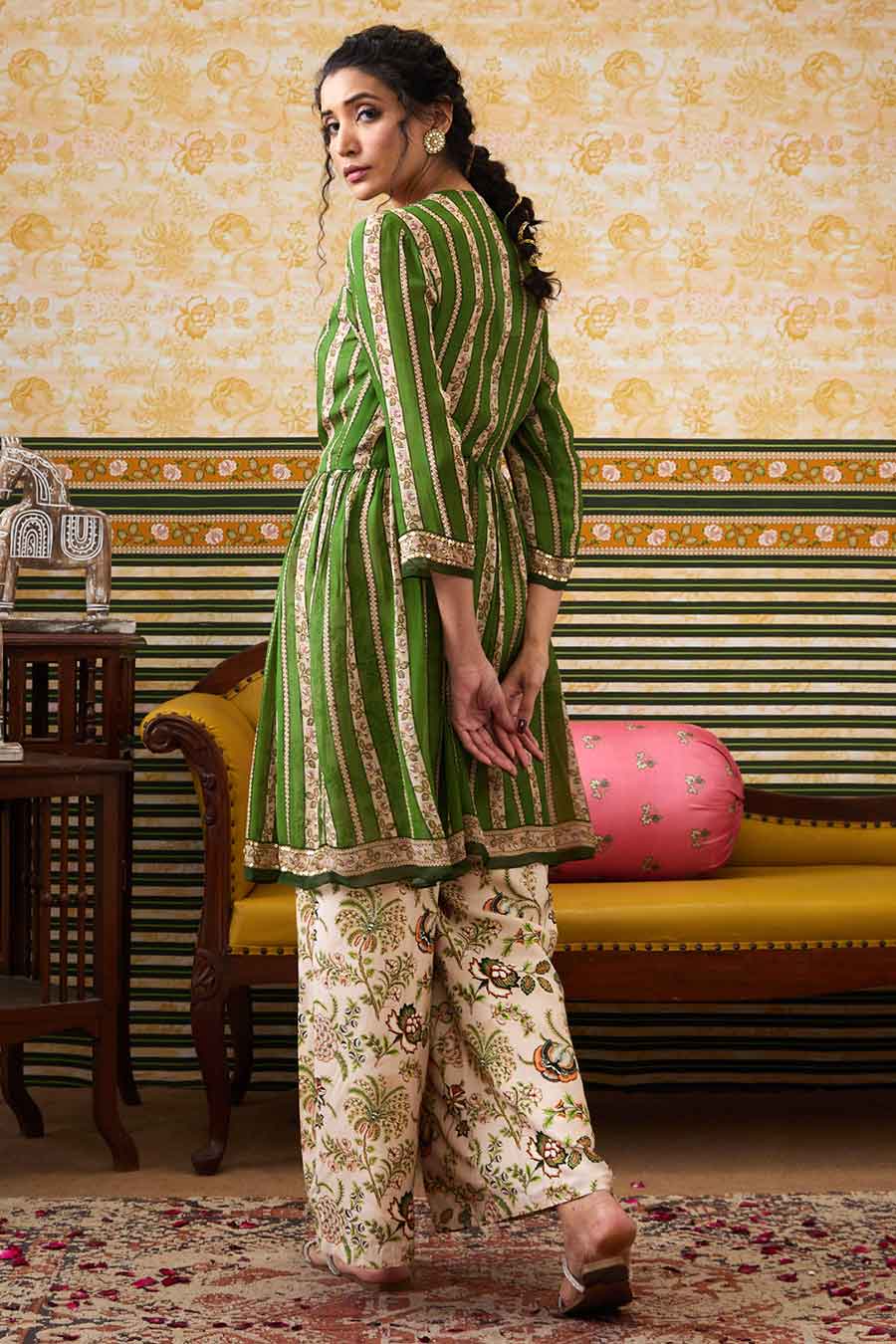 Green & Beige Mehr Printed Jumpsuit with Jacket Set