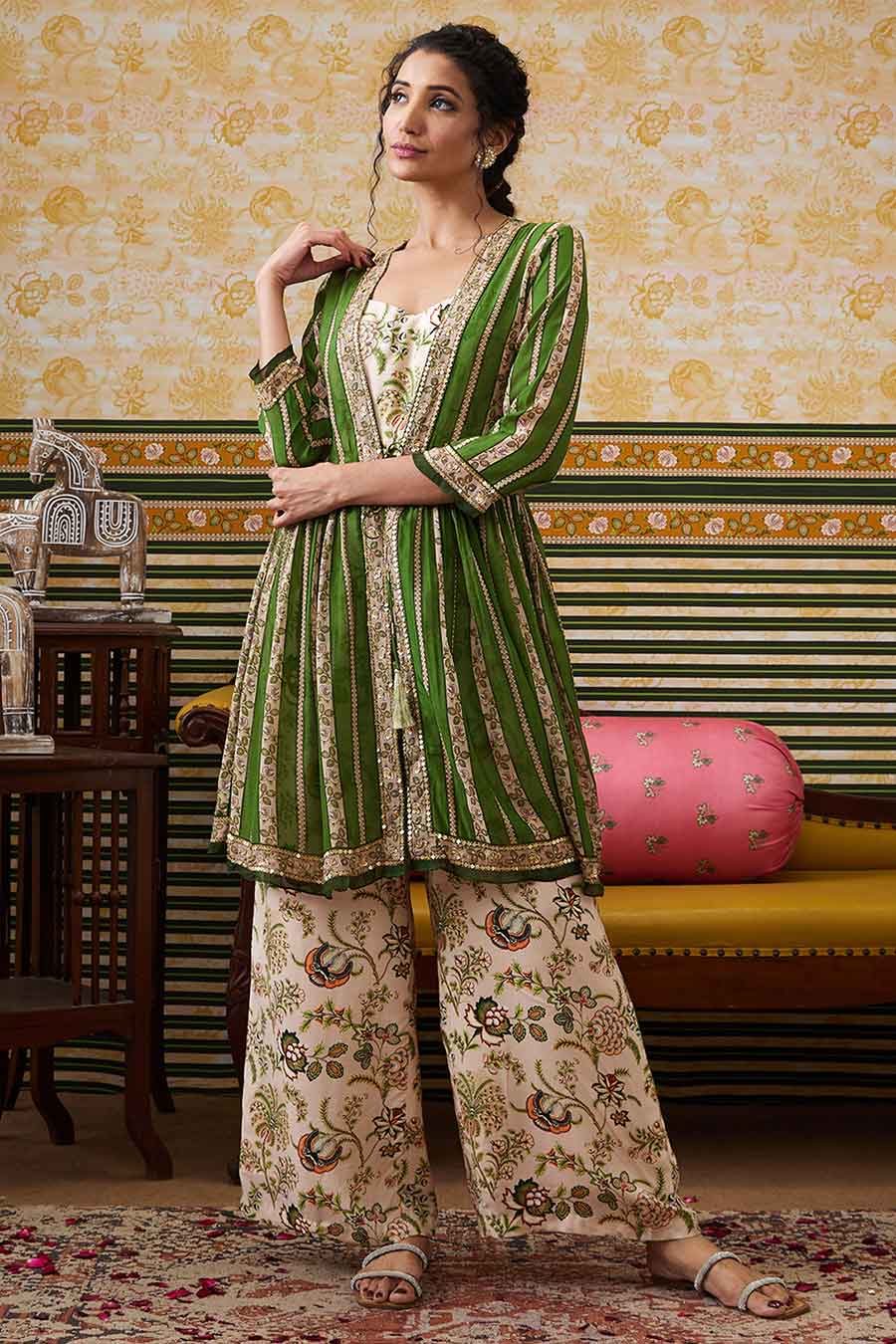 Green & Beige Mehr Printed Jumpsuit with Jacket Set