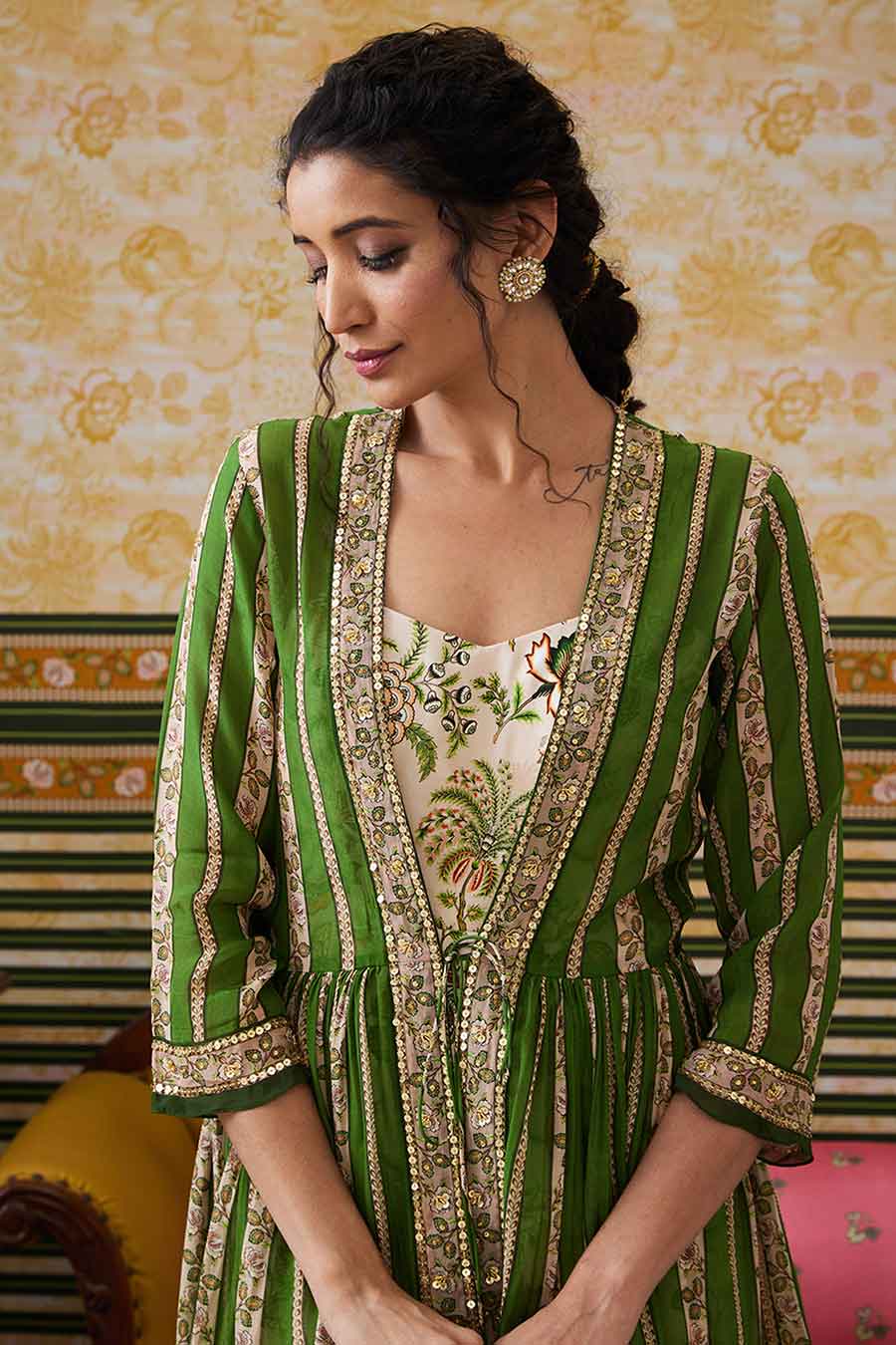 Green & Beige Mehr Printed Jumpsuit with Jacket Set